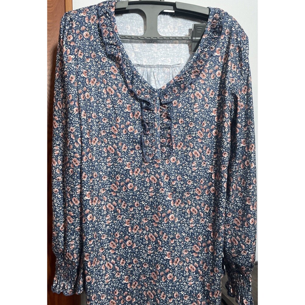Ivicoer Womens Floral Long Sleeve Tops Round Neck Medium Blue Cottagecore NWT